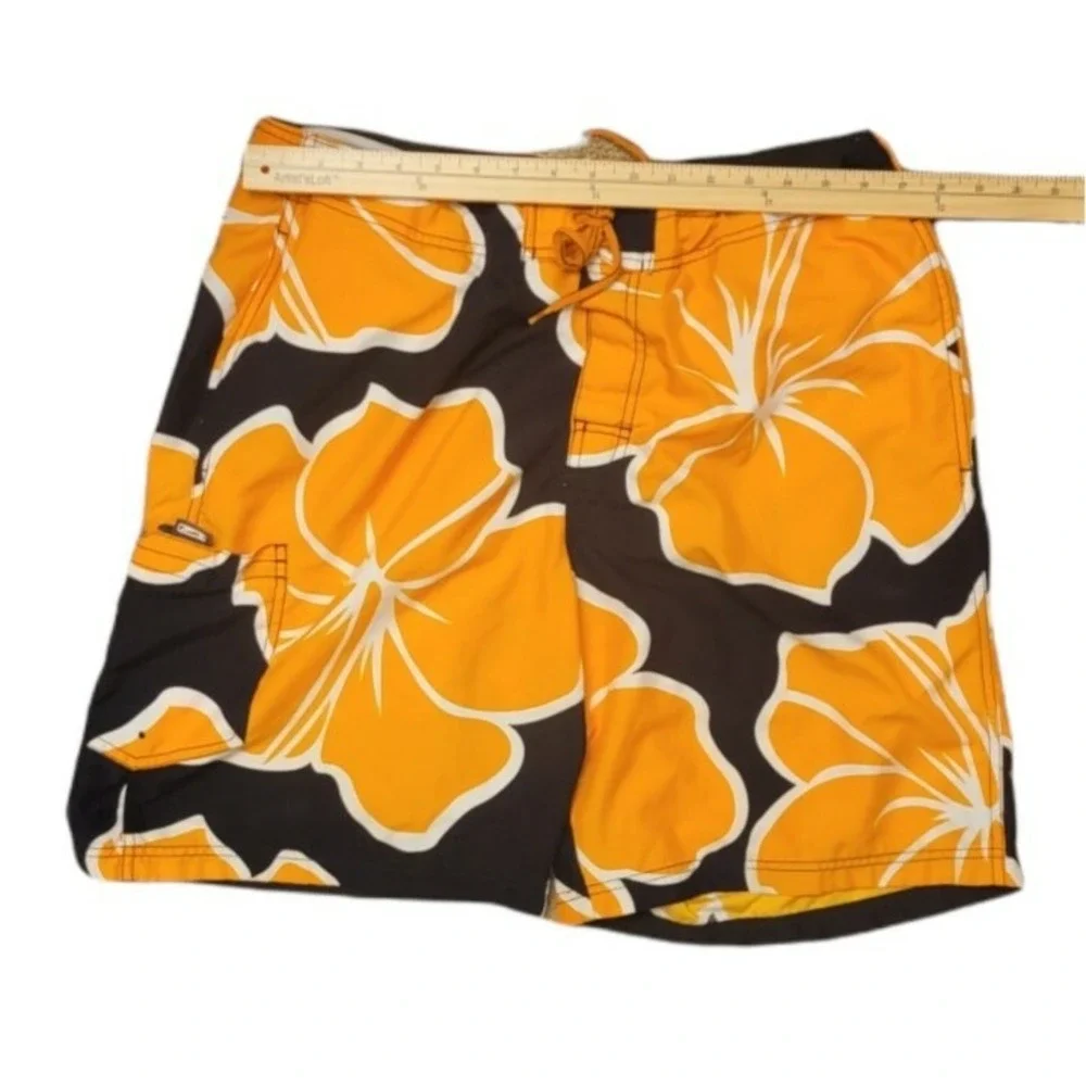 Speedo Mens Board Shorts Orange Black Hibiscus Floral Swim Trunks Large